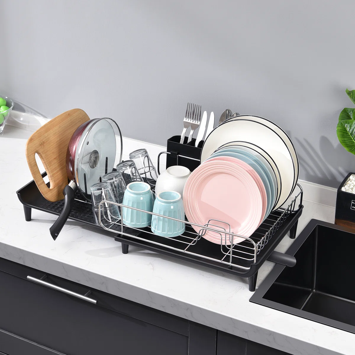 Expandable Stainless Steel Dish Drying Rack with Cutlery Holder